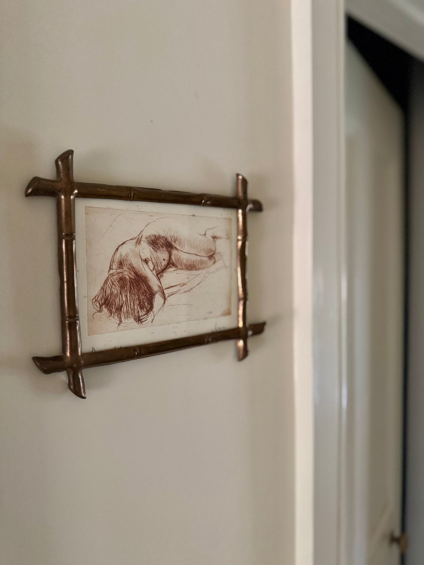 Small Vintage Nude Dry Point Print In French Faux Bamboo Brass Frame