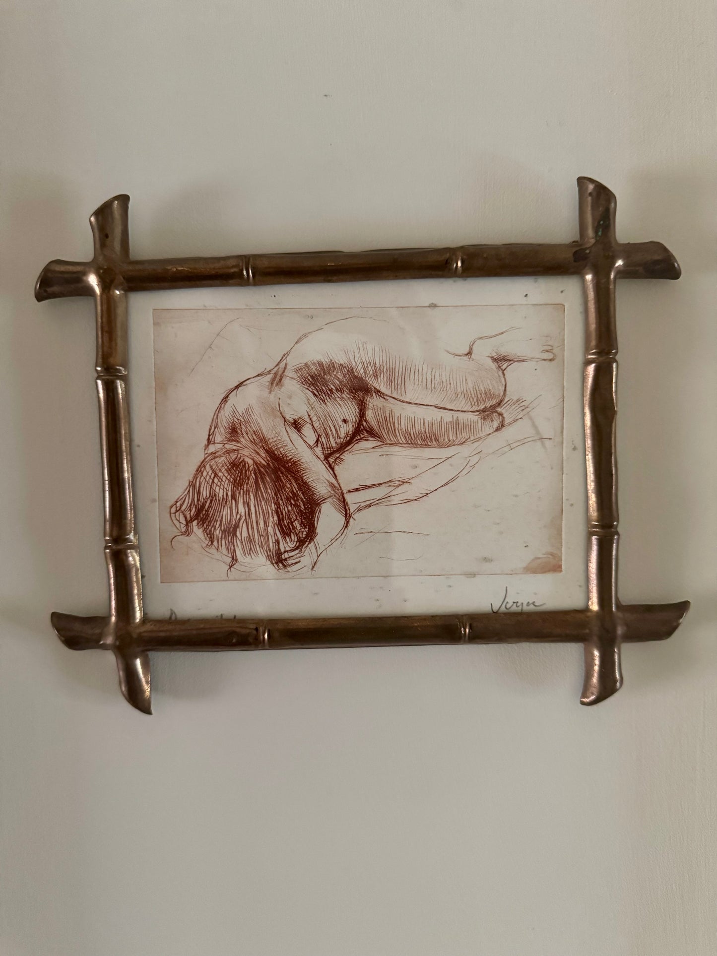 Small Vintage Nude Dry Point Print In French Faux Bamboo Brass Frame