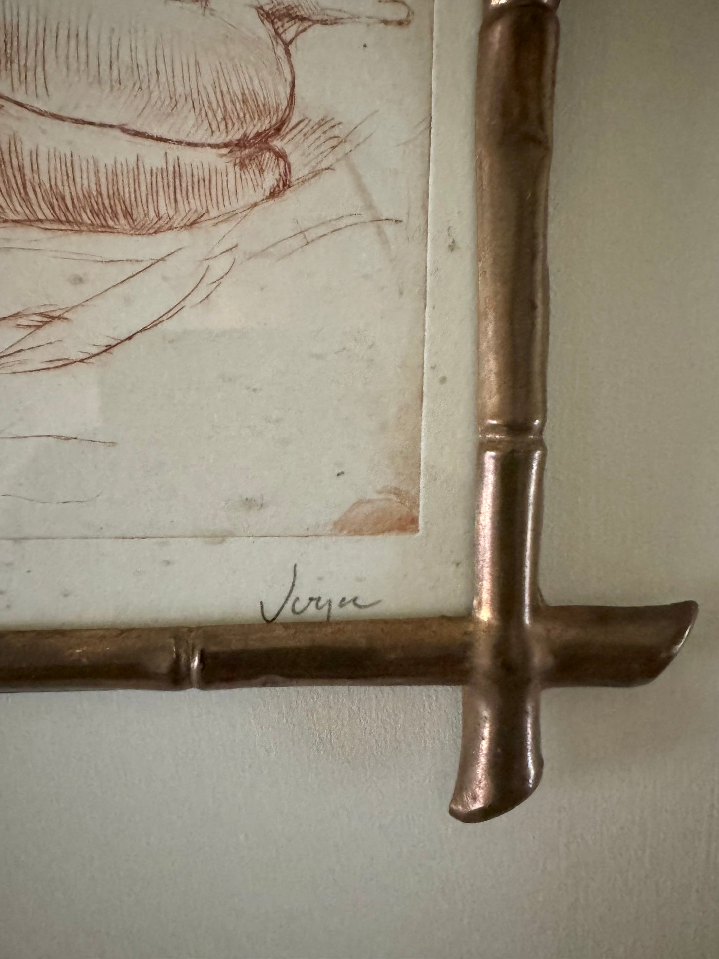 Small Vintage Nude Dry Point Print In French Faux Bamboo Brass Frame