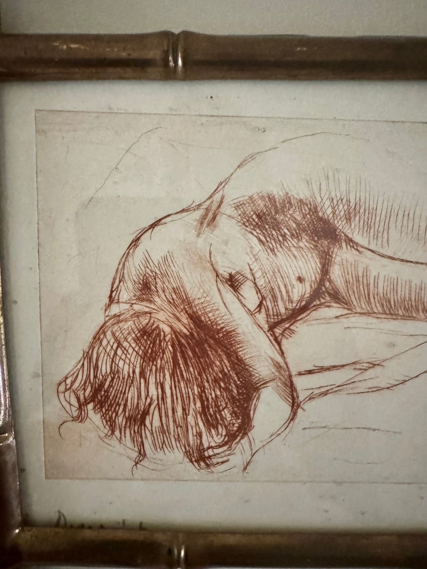 Small Vintage Nude Dry Point Print In French Faux Bamboo Brass Frame