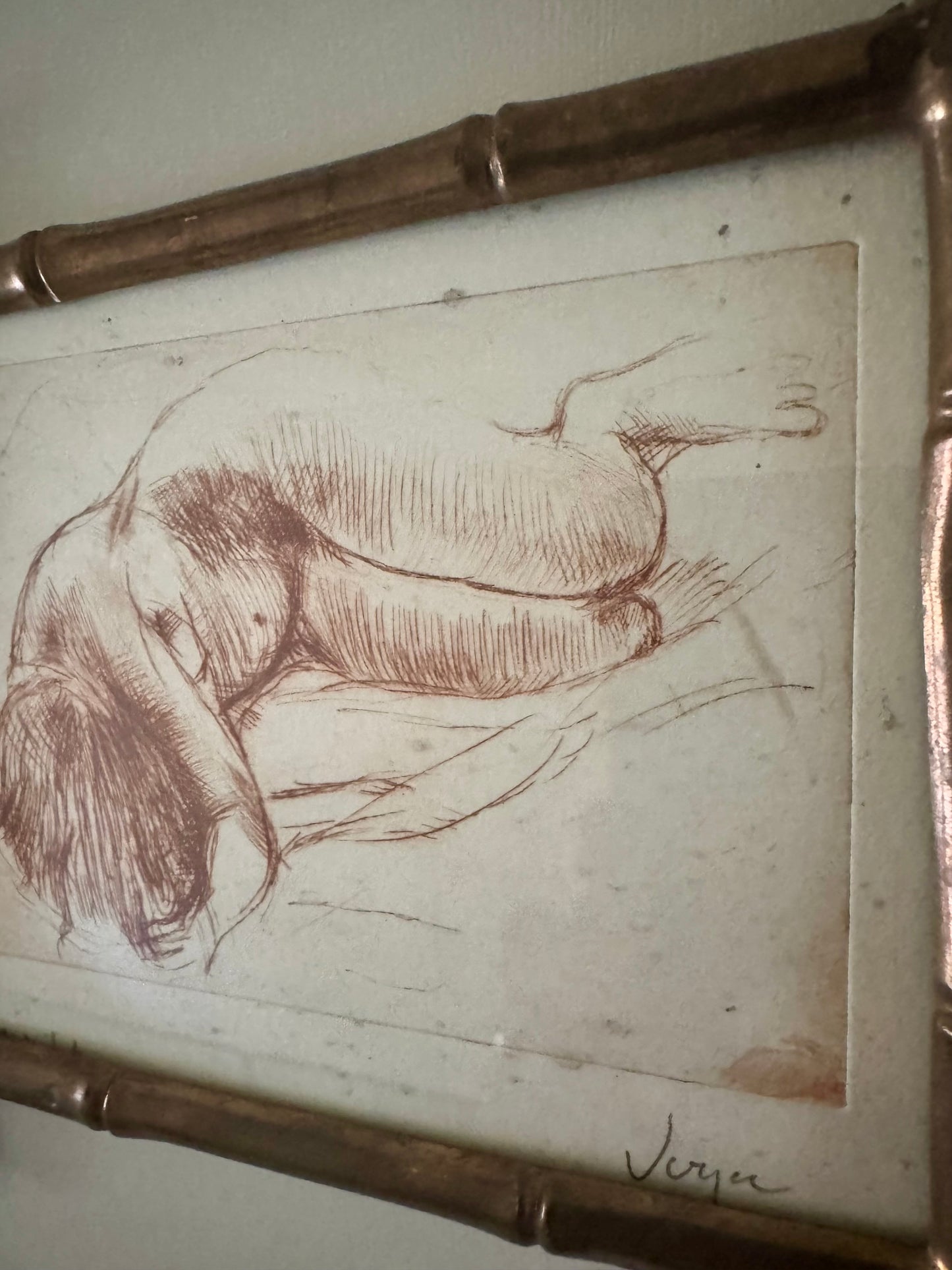 Small Vintage Nude Dry Point Print In French Faux Bamboo Brass Frame