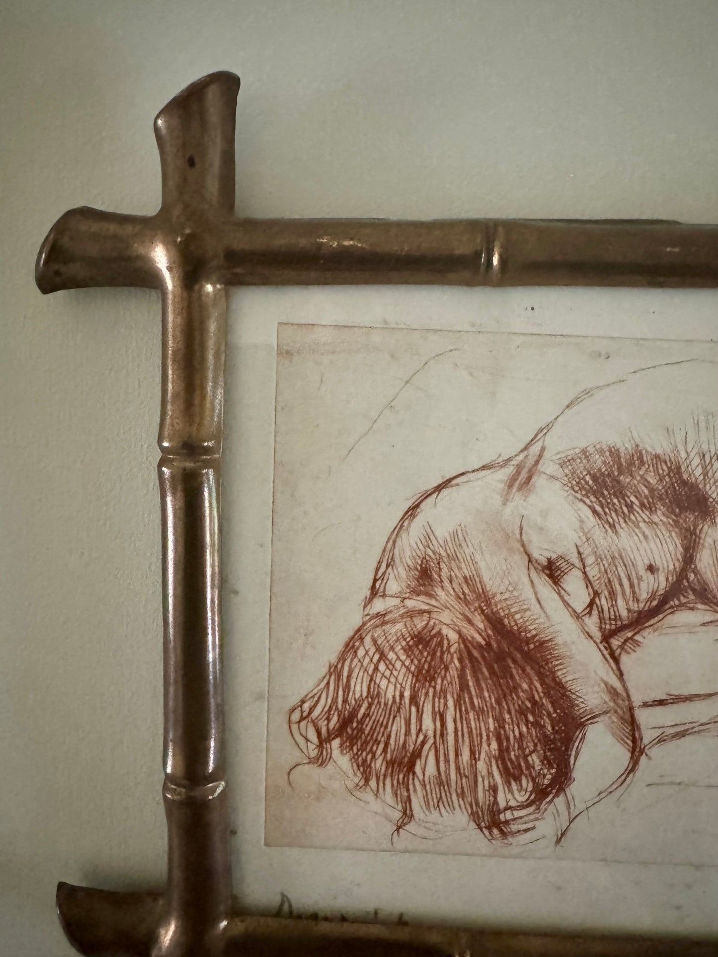 Small Vintage Nude Dry Point Print In French Faux Bamboo Brass Frame