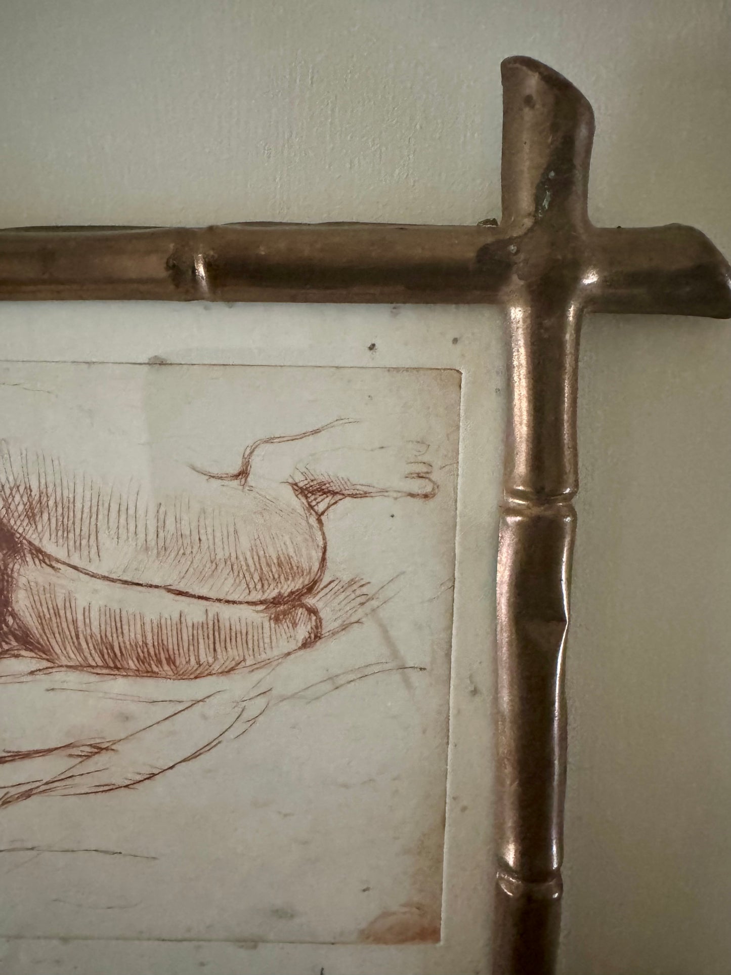 Small Vintage Nude Dry Point Print In French Faux Bamboo Brass Frame