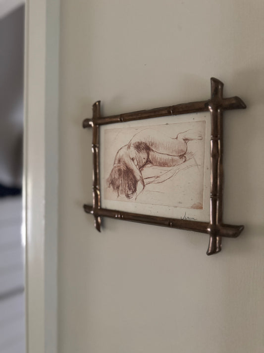 Small Vintage Nude Dry Point Print In French Faux Bamboo Brass Frame