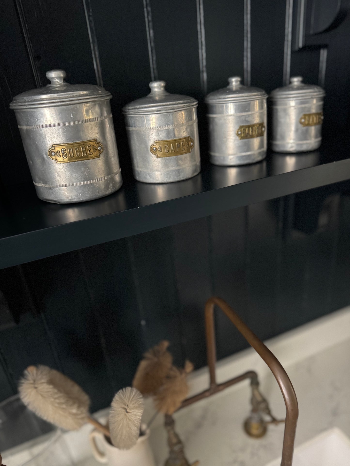 Set Of 4 Vintage French Aluminium Stacking Canisters With Brass Labels