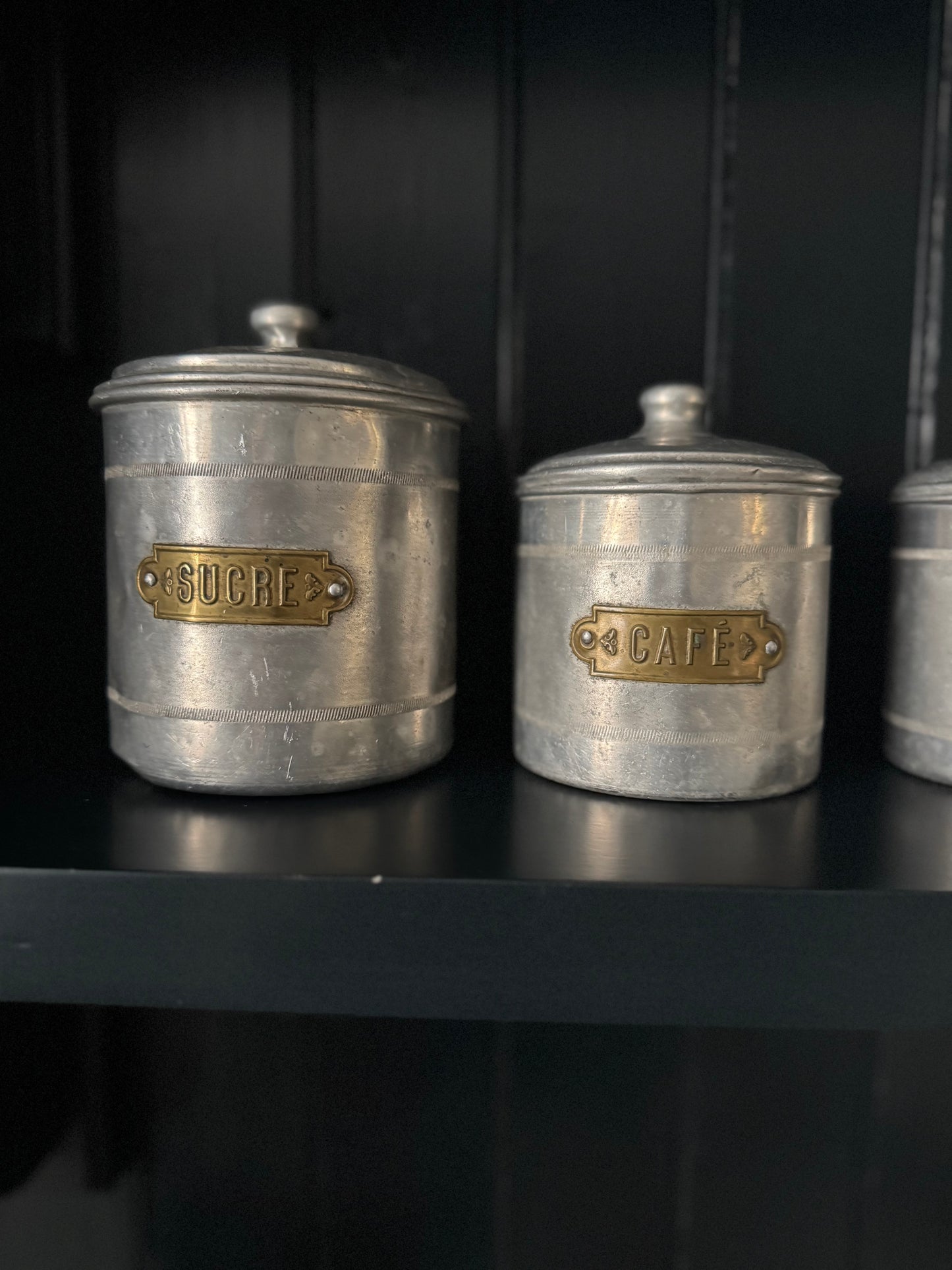 Set Of 4 Vintage French Aluminium Stacking Canisters With Brass Labels