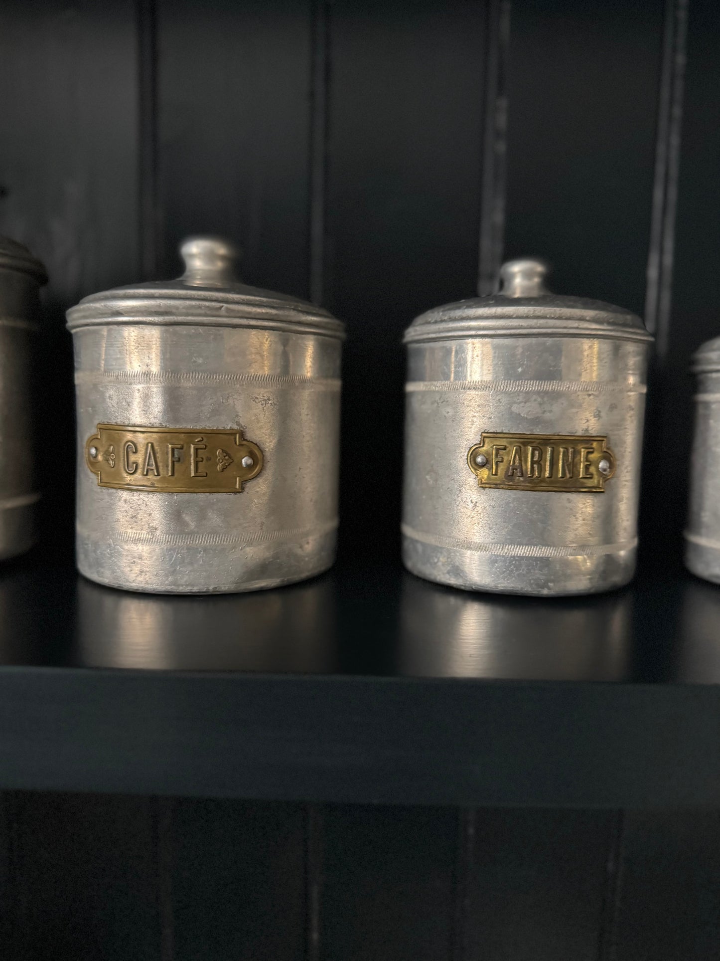 Set Of 4 Vintage French Aluminium Stacking Canisters With Brass Labels