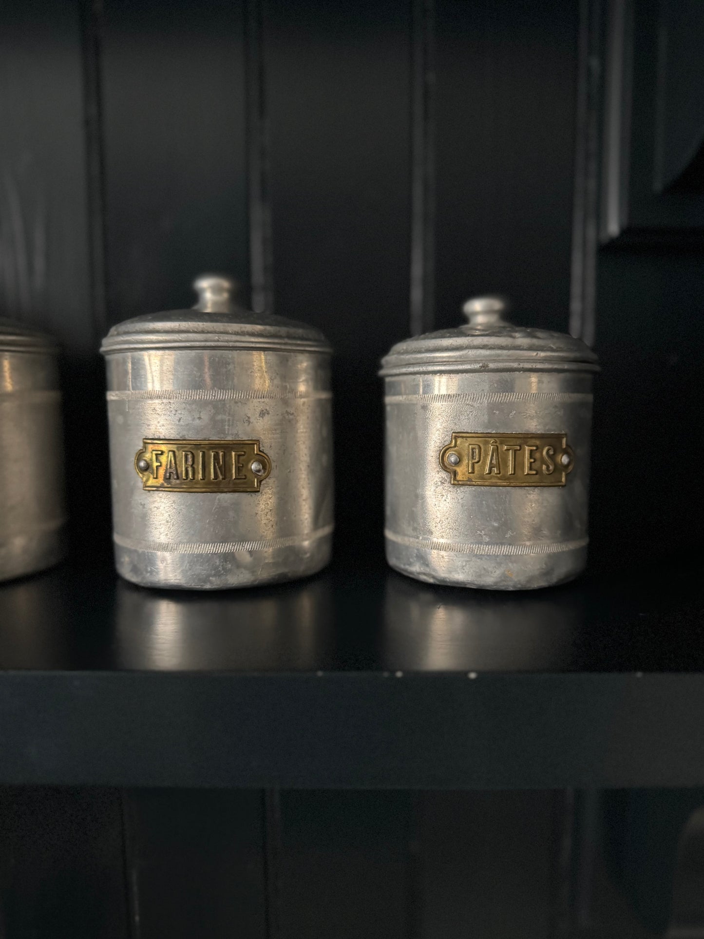 Set Of 4 Vintage French Aluminium Stacking Canisters With Brass Labels