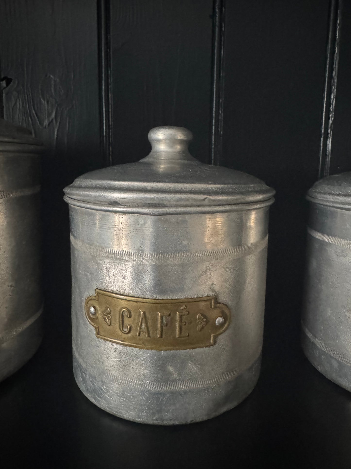 Set Of 4 Vintage French Aluminium Stacking Canisters With Brass Labels