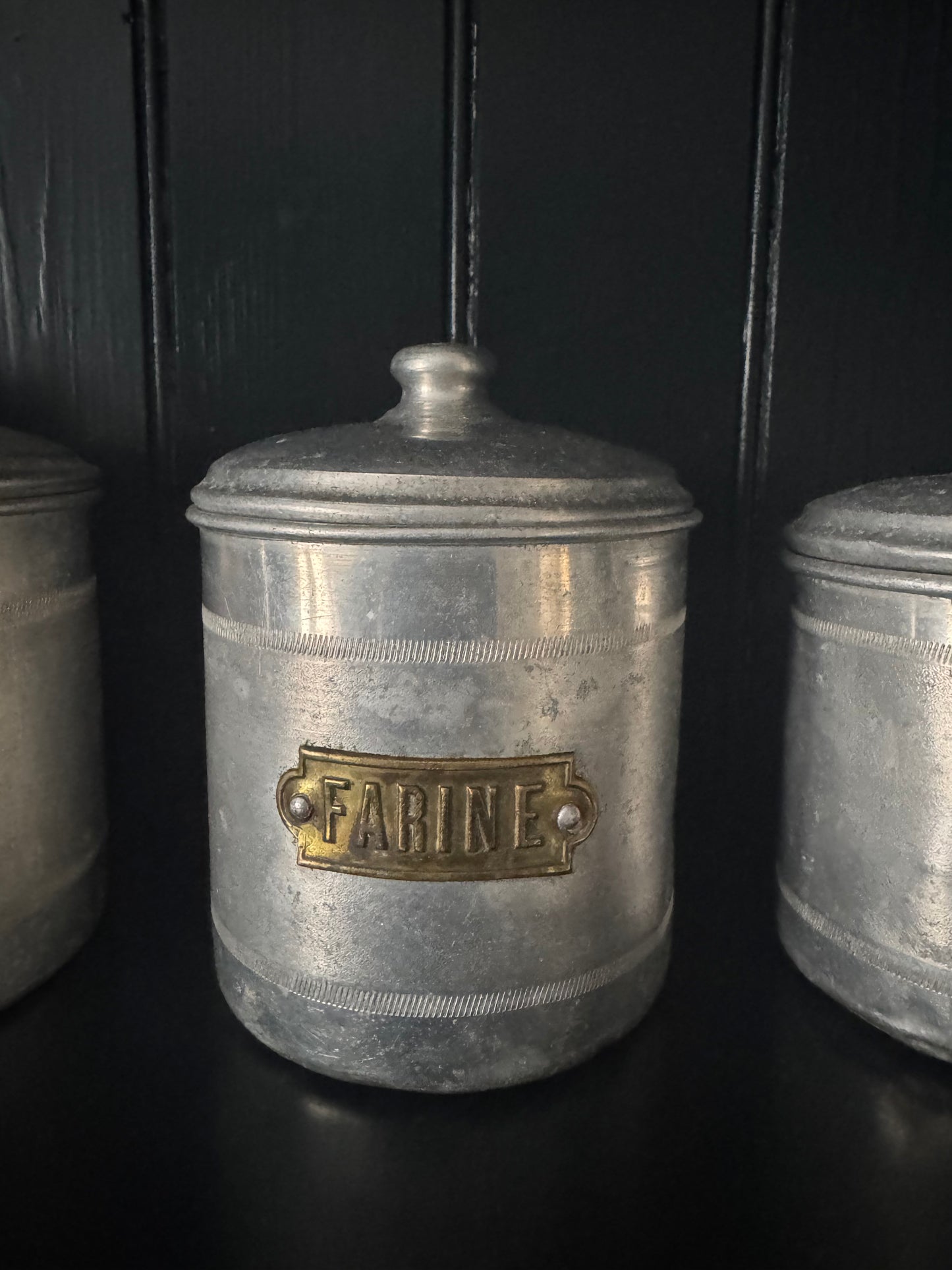 Set Of 4 Vintage French Aluminium Stacking Canisters With Brass Labels