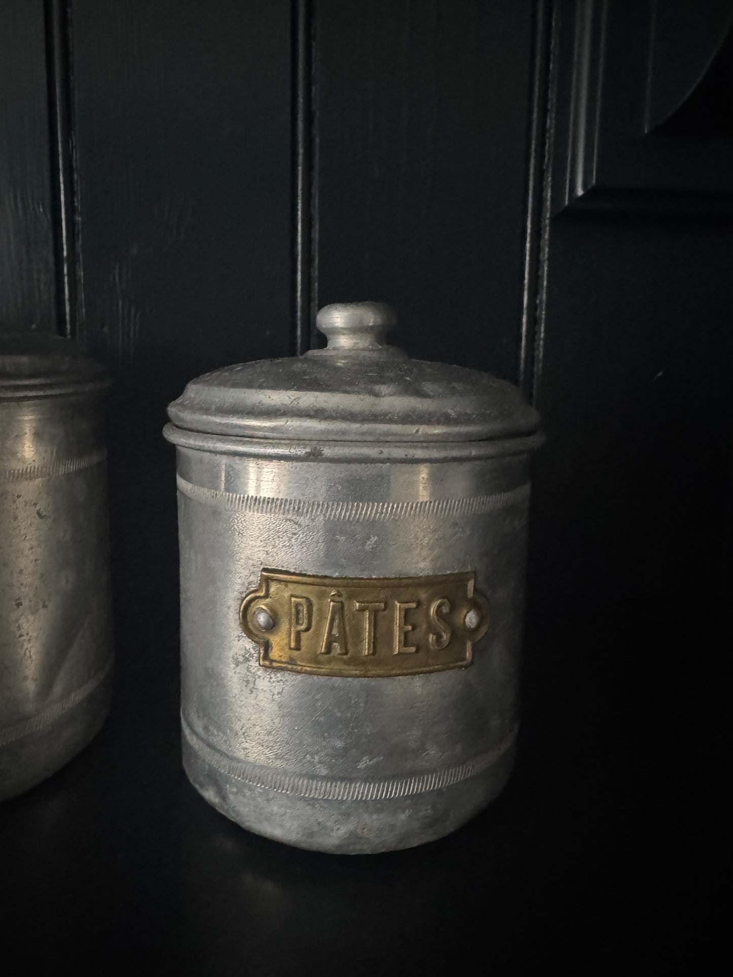Set Of 4 Vintage French Aluminium Stacking Canisters With Brass Labels
