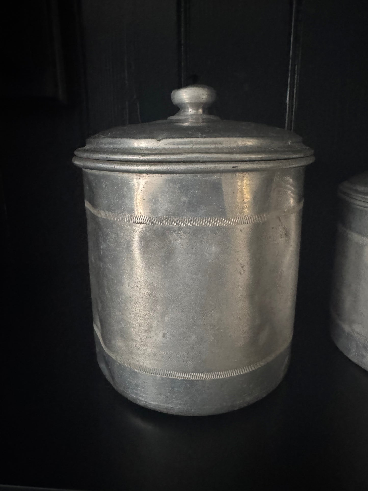 Set Of 4 Vintage French Aluminium Stacking Canisters With Brass Labels