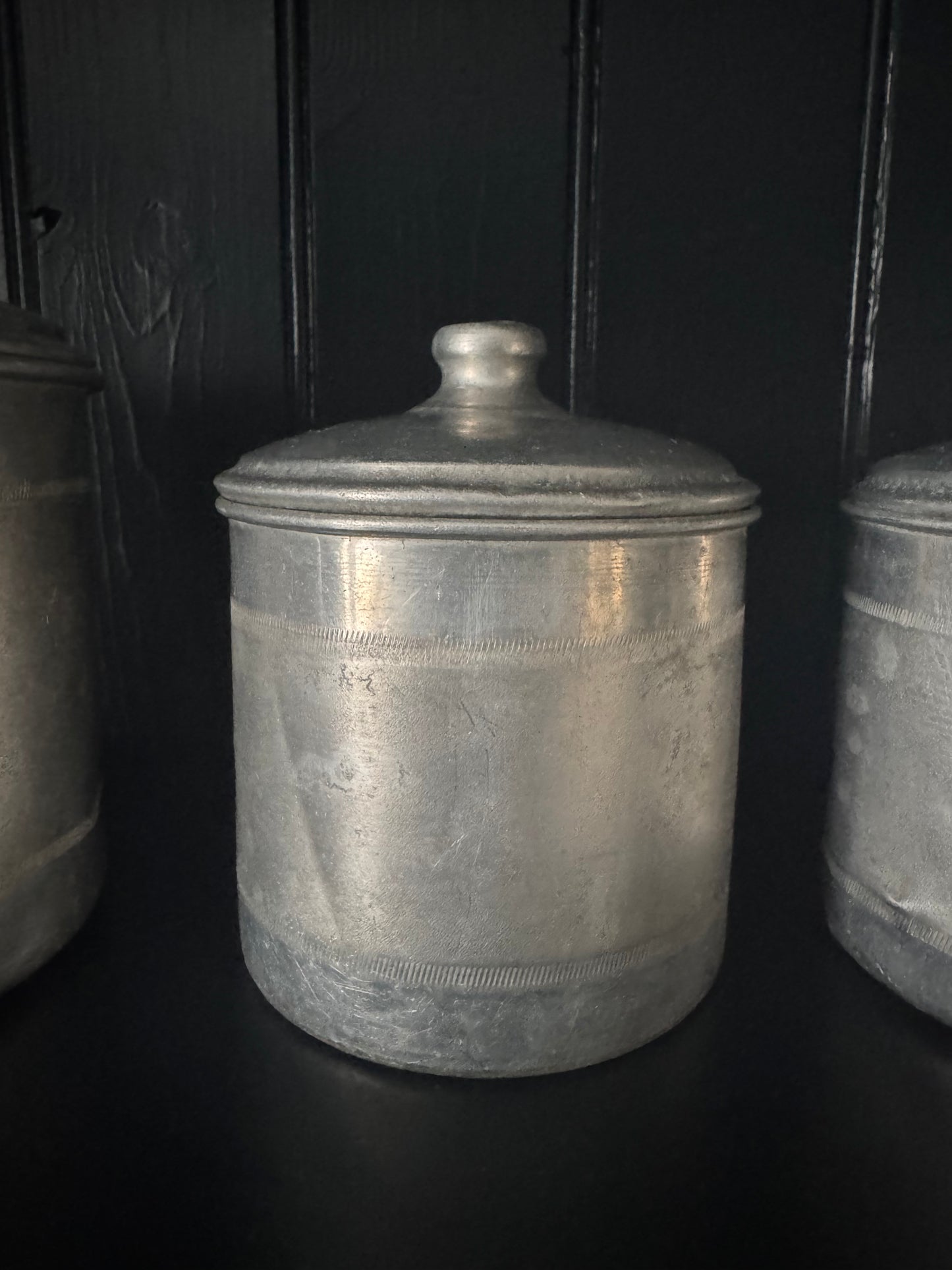 Set Of 4 Vintage French Aluminium Stacking Canisters With Brass Labels