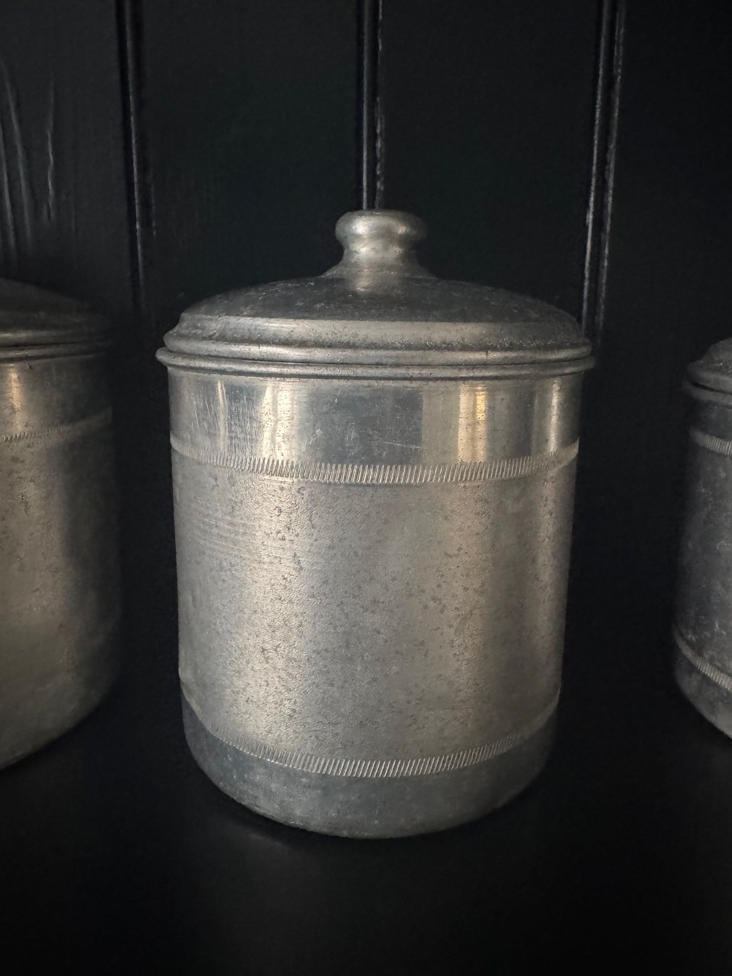 Set Of 4 Vintage French Aluminium Stacking Canisters With Brass Labels