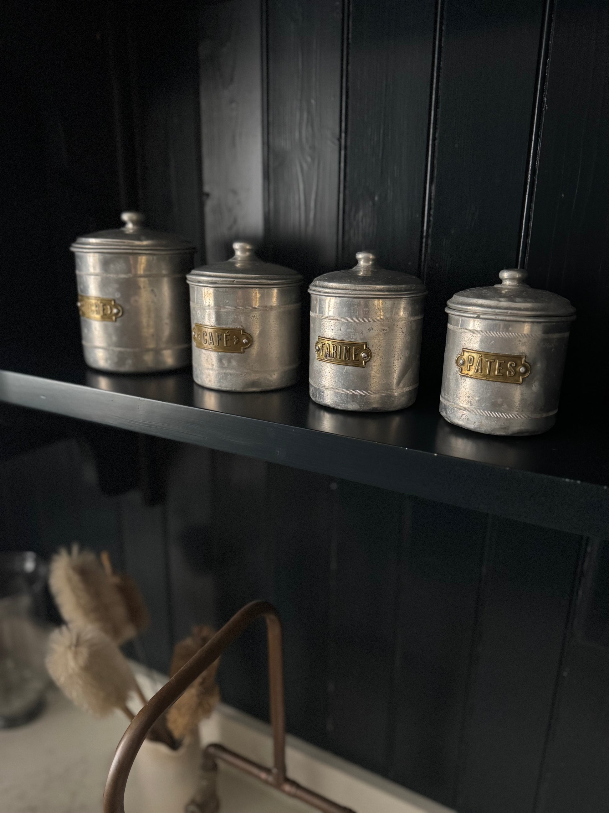 Set Of 4 Vintage French Aluminium Stacking Canisters With Brass Labels