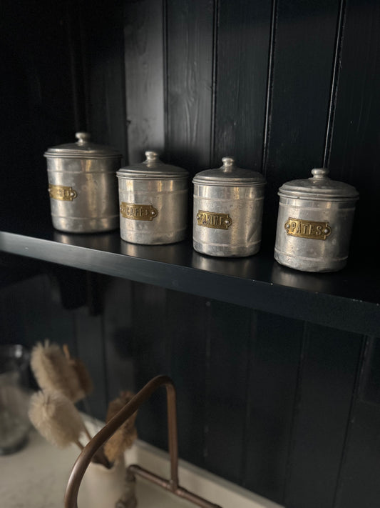 Set Of 4 Vintage French Aluminium Stacking Canisters With Brass Labels