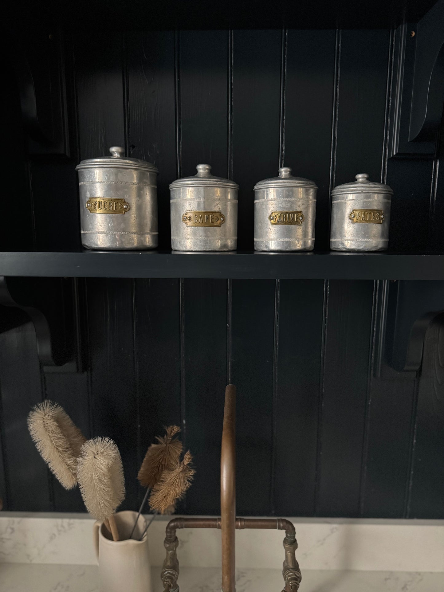 Set Of 4 Vintage French Aluminium Stacking Canisters With Brass Labels