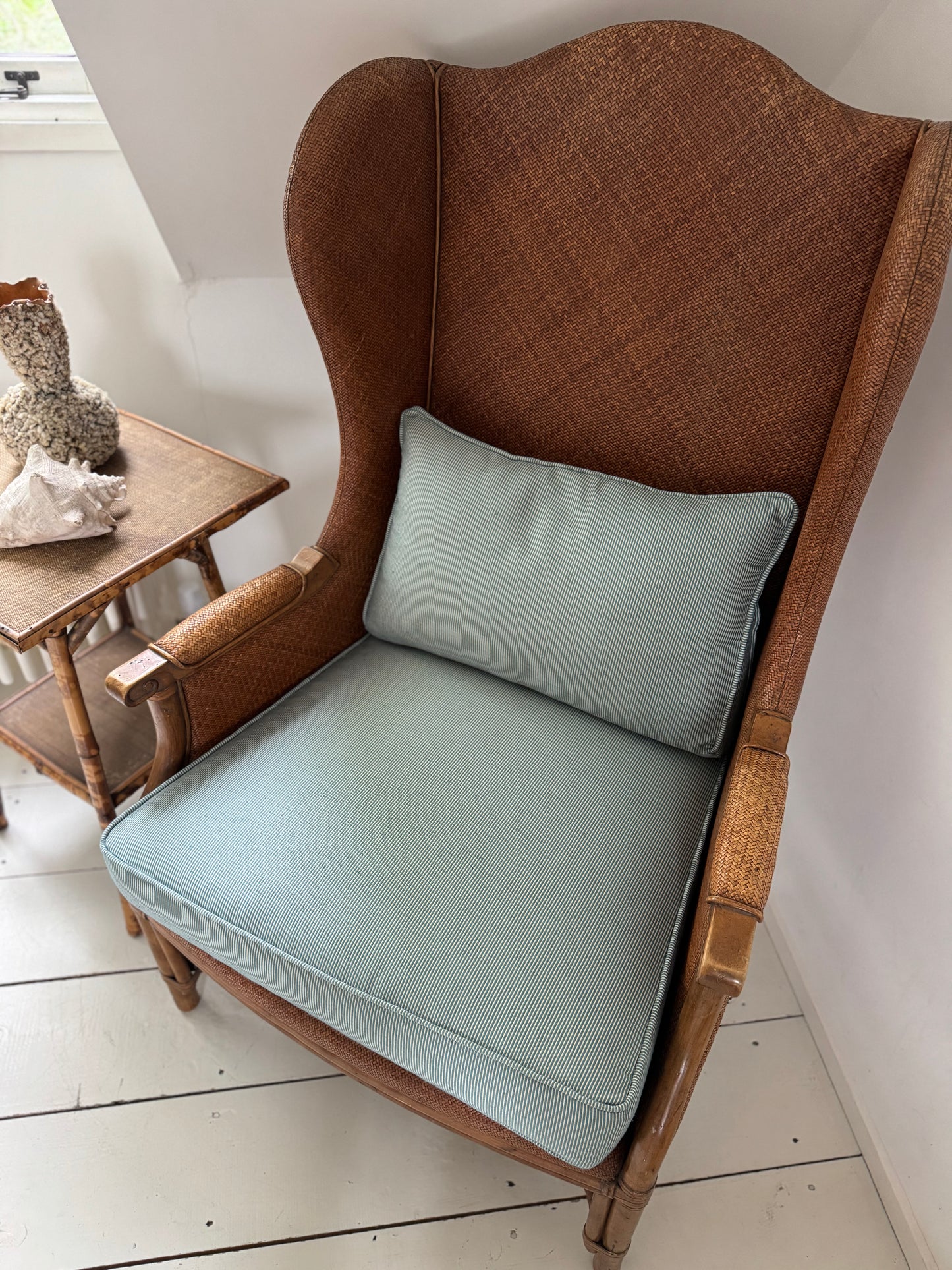 Pair Of Vintage Rattan & Faux Bamboo Wing Back Chairs
