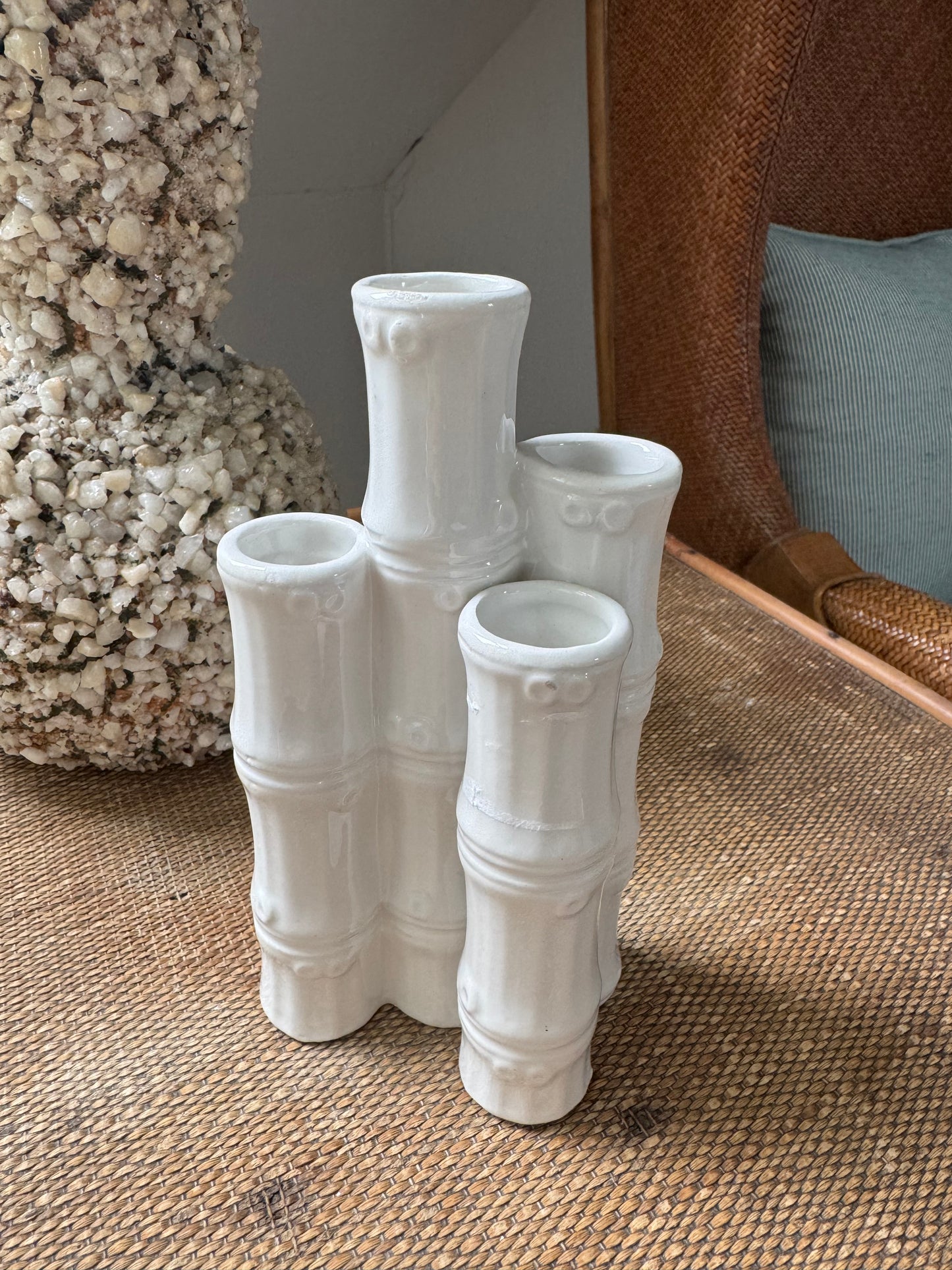 Vintage Ceramic Faux Bamboo 4 Stem Vase