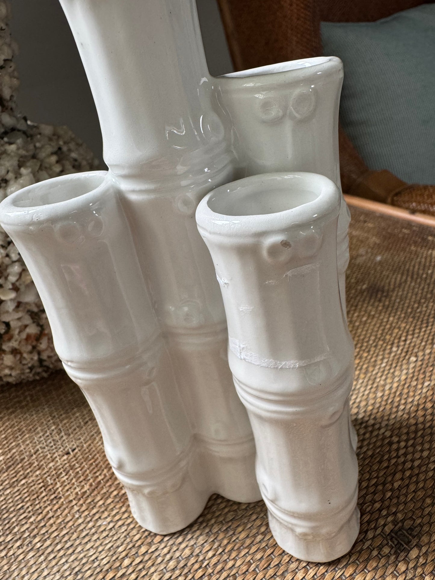 Vintage Ceramic Faux Bamboo 4 Stem Vase