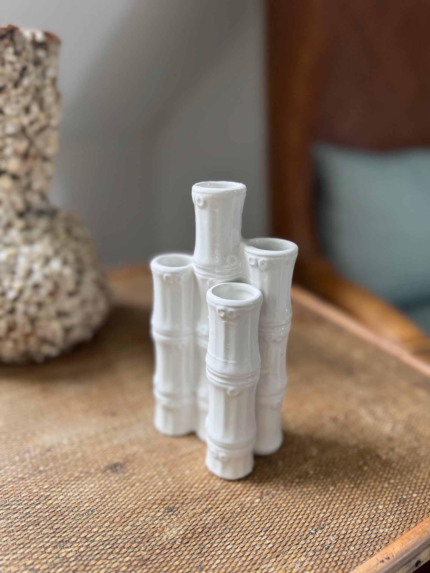 Vintage Ceramic Faux Bamboo 4 Stem Vase
