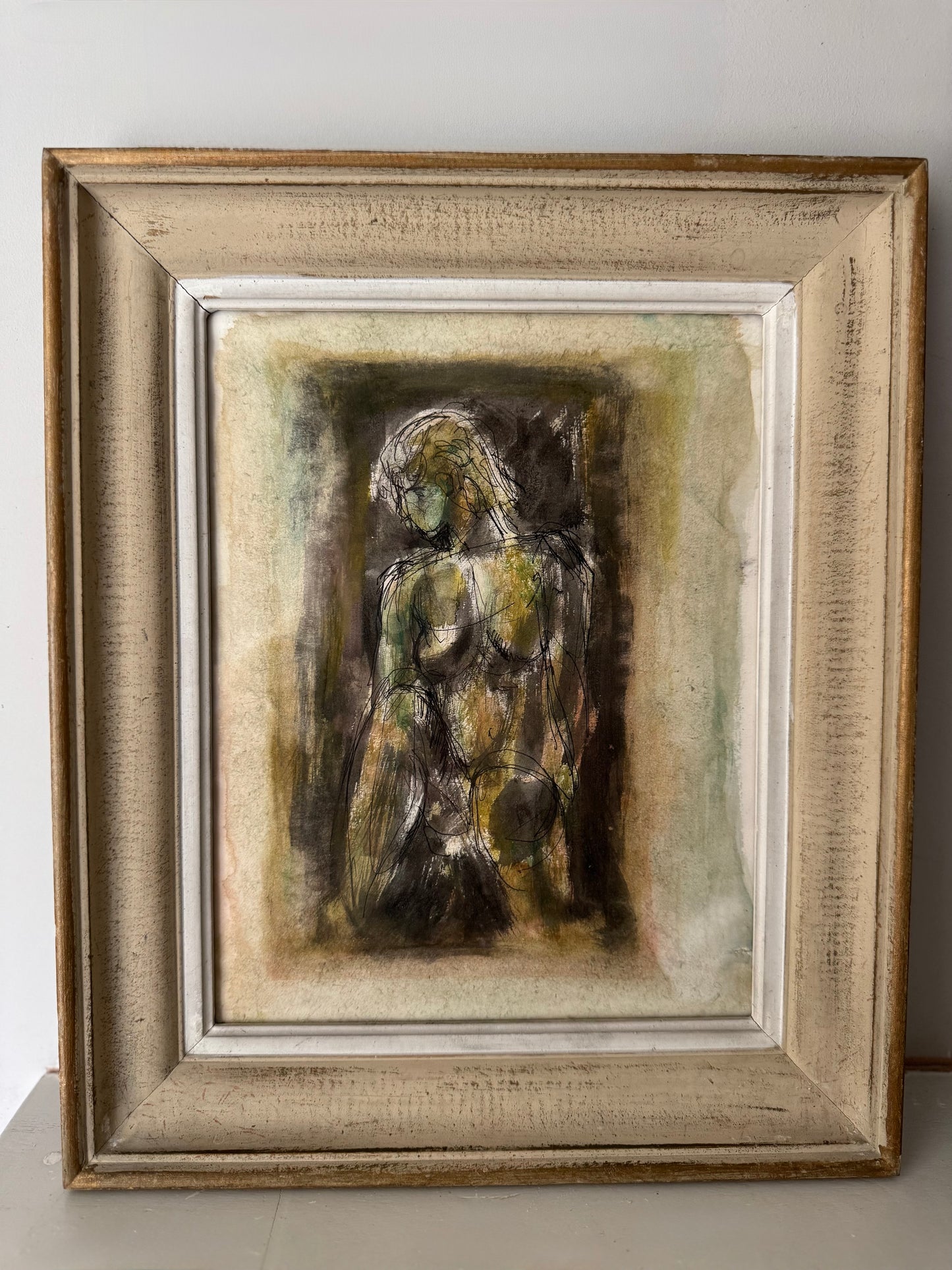 Striking Ink Watercolour Nude Figure Study In Vintage French Frame