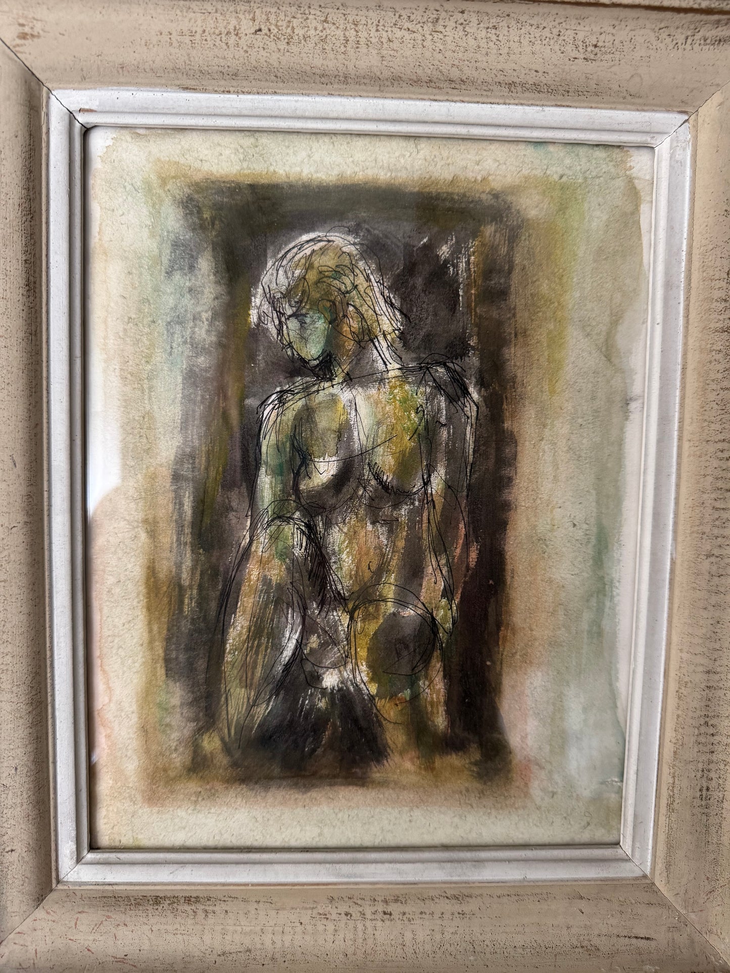 Striking Ink Watercolour Nude Figure Study In Vintage French Frame