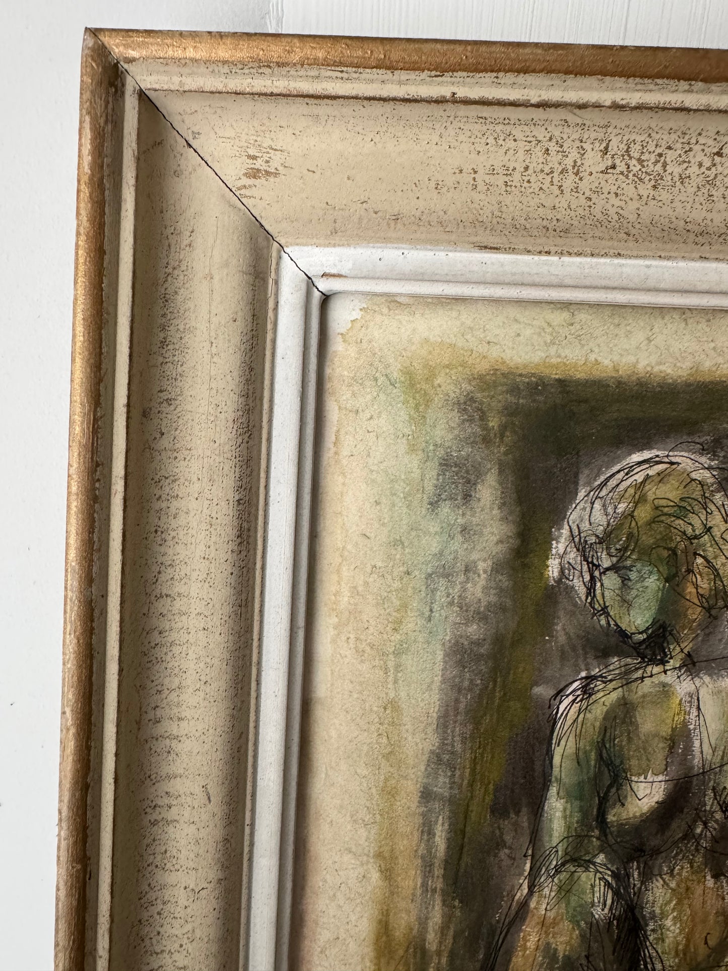 Striking Ink Watercolour Nude Figure Study In Vintage French Frame