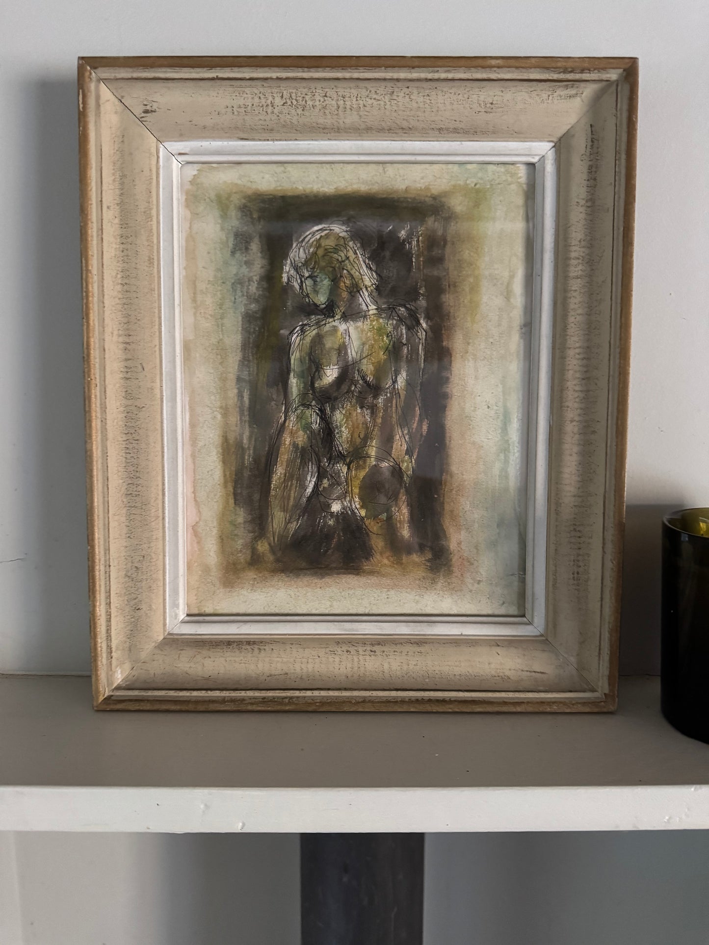 Striking Ink Watercolour Nude Figure Study In Vintage French Frame