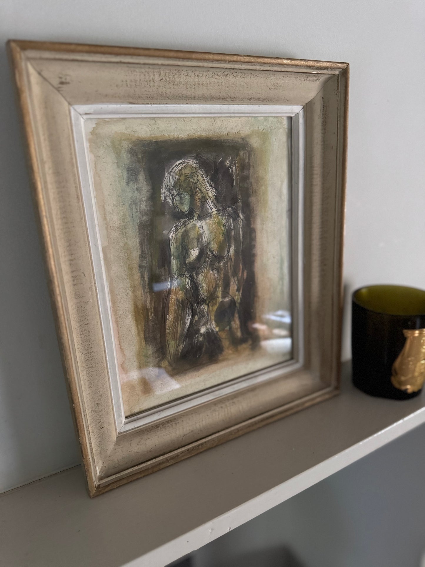 Striking Ink Watercolour Nude Figure Study In Vintage French Frame