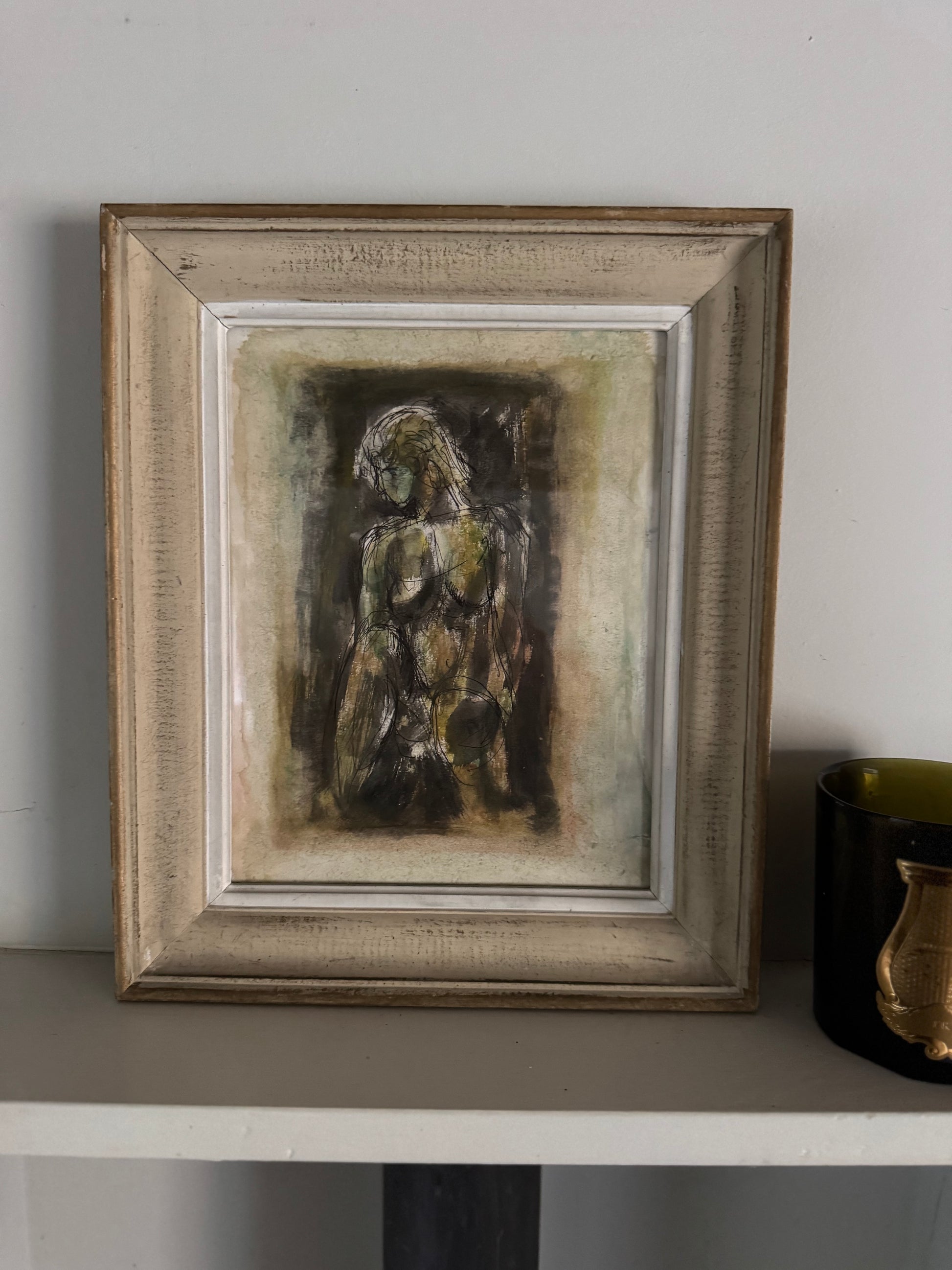 Striking Ink Watercolour Nude Figure Study In Vintage French Frame