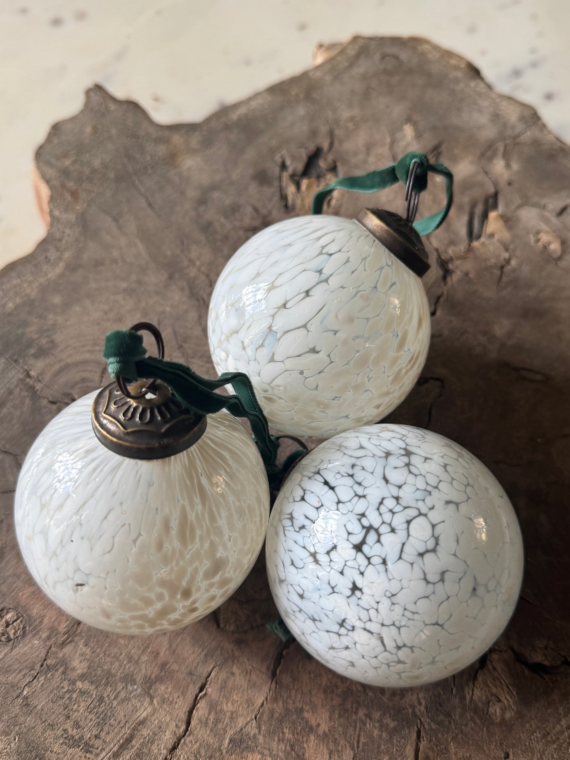 White Glass Bauble With Teal Velvet Ribbon