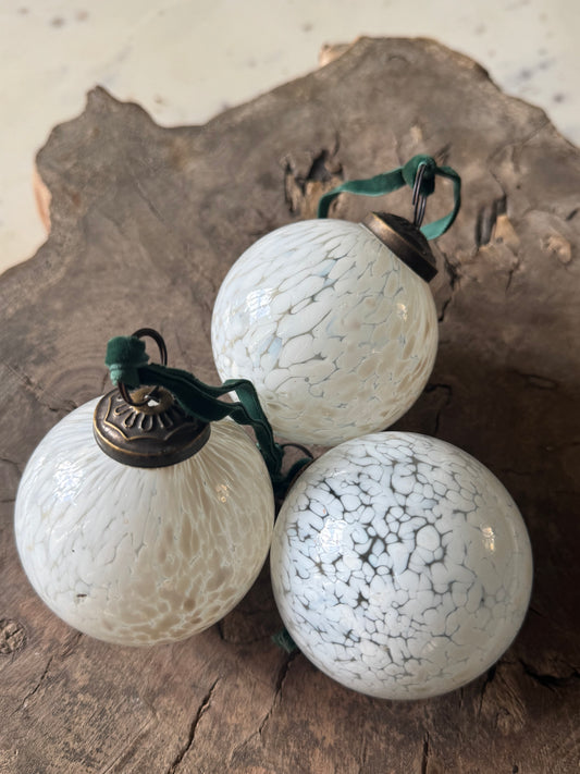 White Glass Bauble With Teal Velvet Ribbon