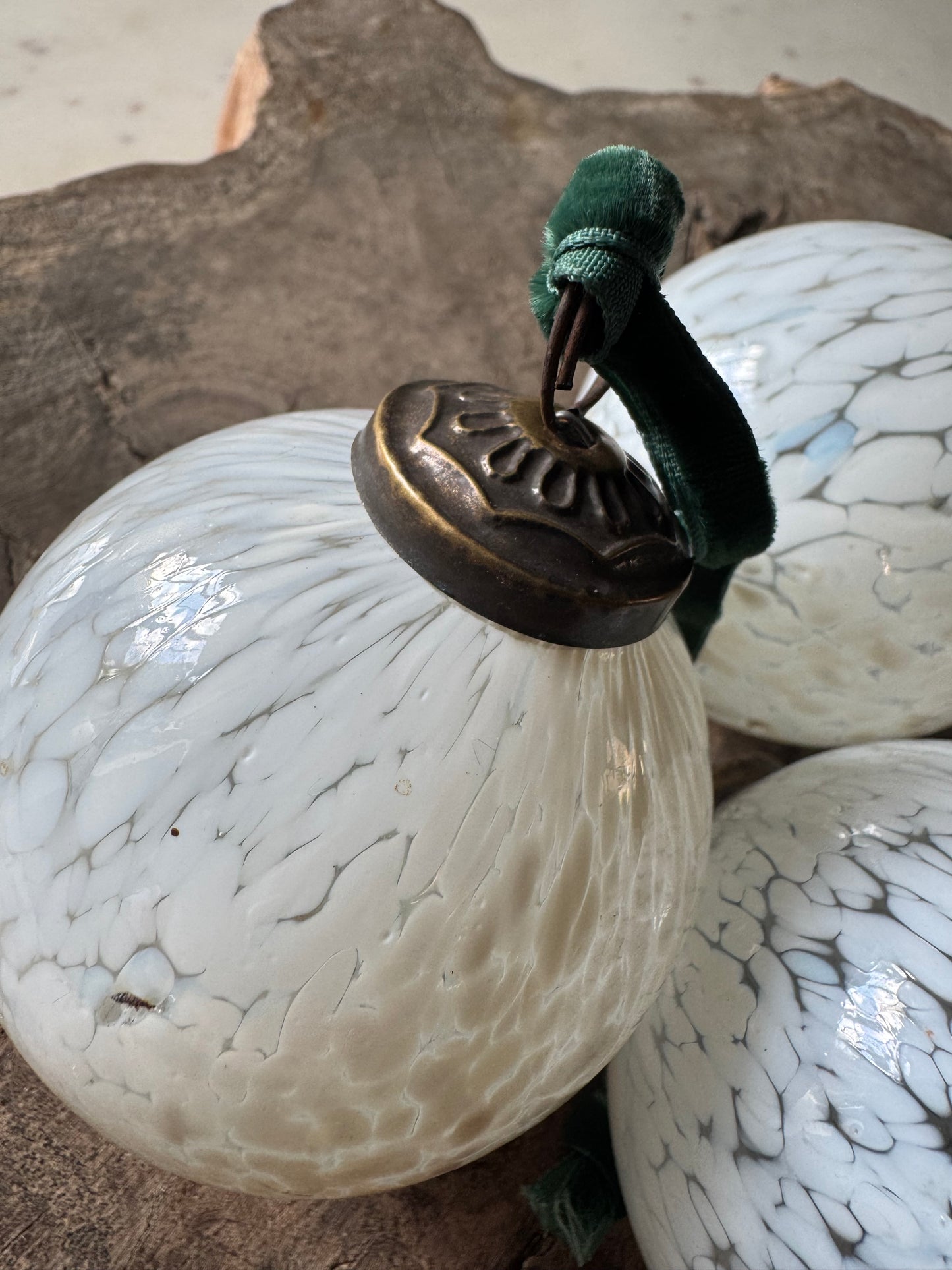 White Glass Bauble With Teal Velvet Ribbon