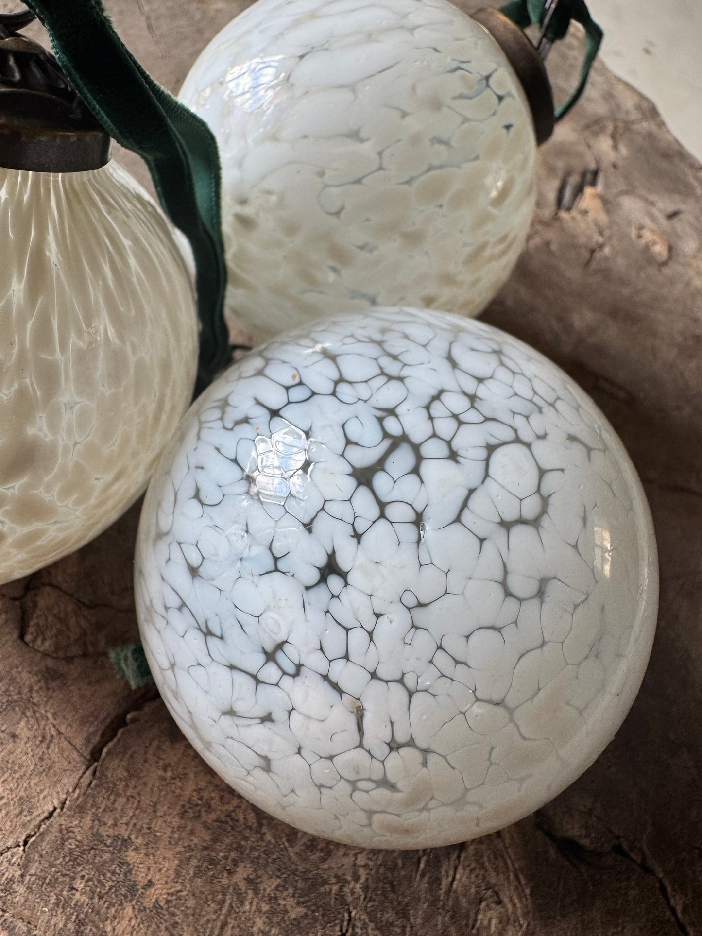 White Glass Bauble With Teal Velvet Ribbon