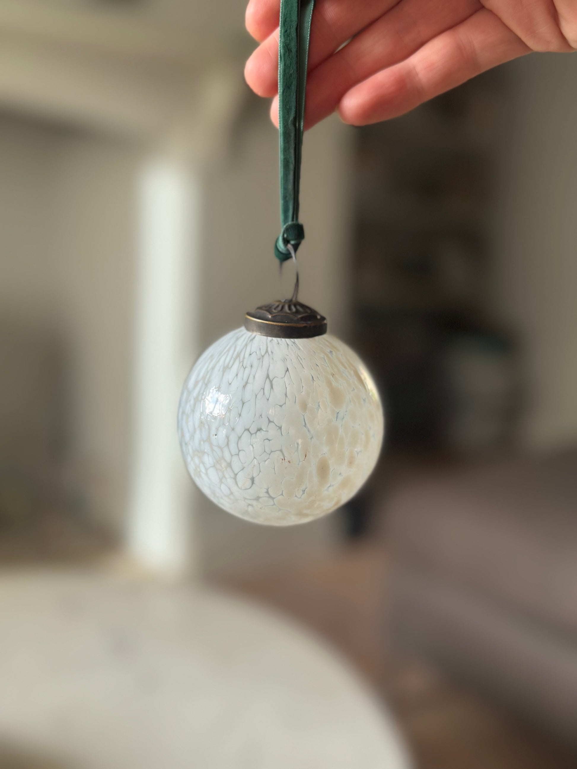 White Glass Bauble With Teal Velvet Ribbon