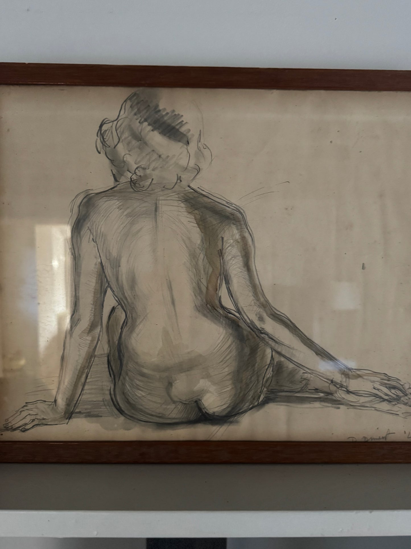 Mid Century Framed Nude Pencil Sketch