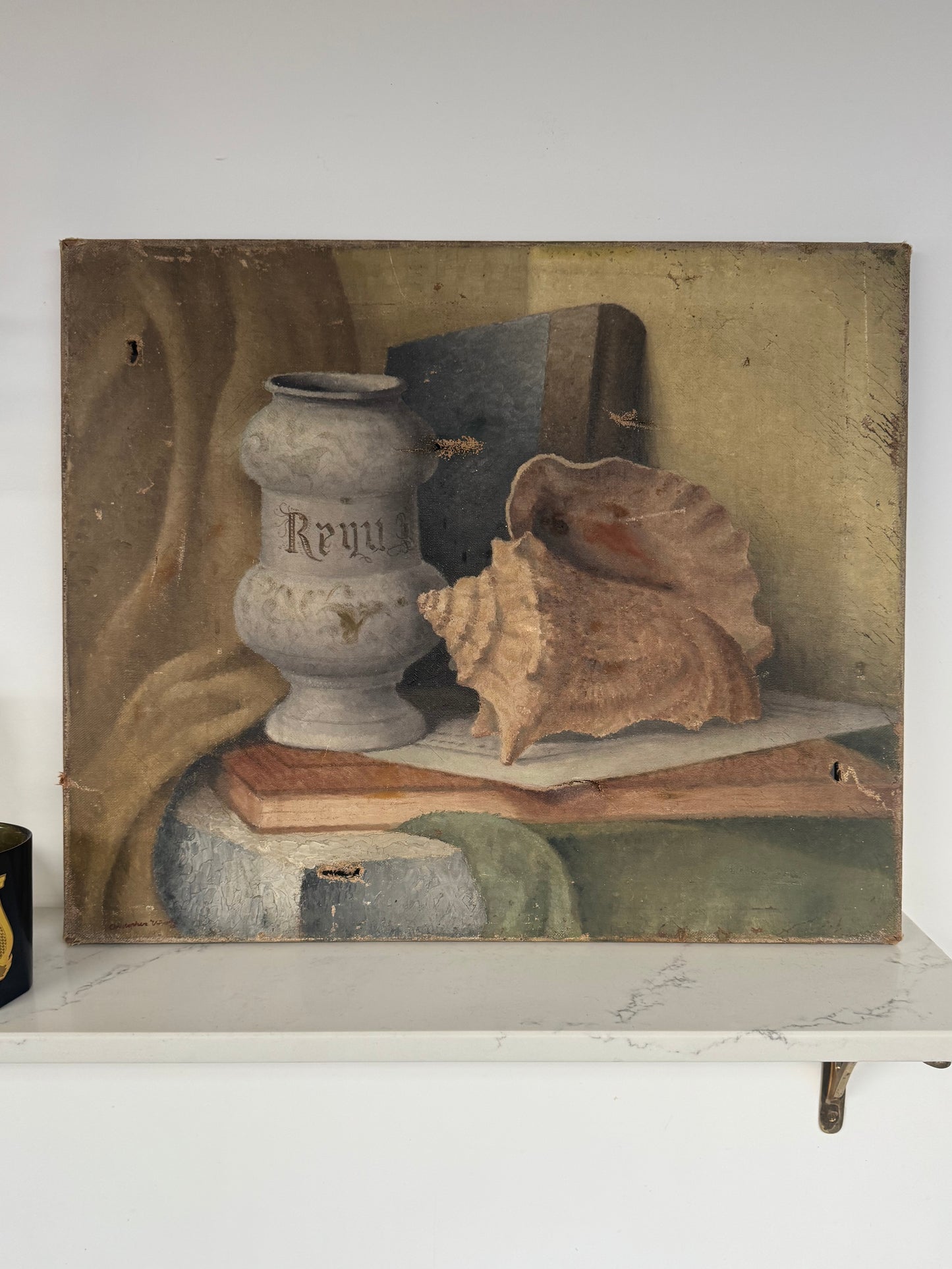 Vintage Still Life Shell & Pot Oil On Canvas