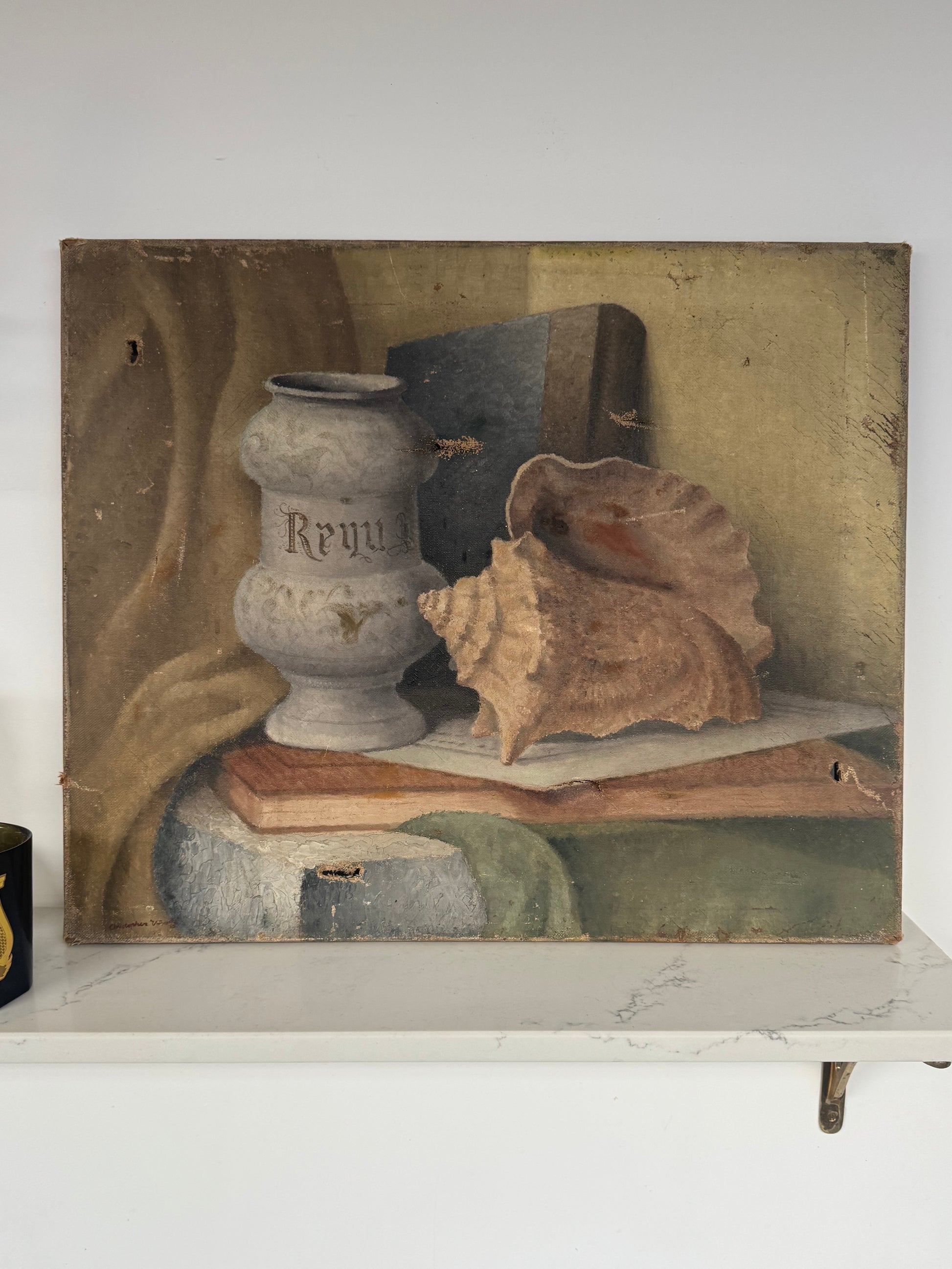 Vintage Still Life Shell & Pot Oil On Canvas