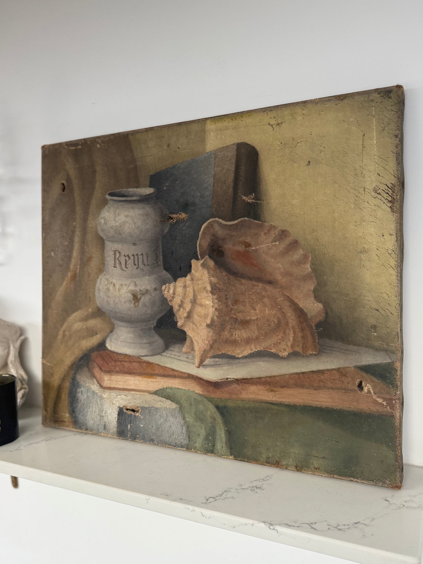 Vintage Still Life Shell & Pot Oil On Canvas