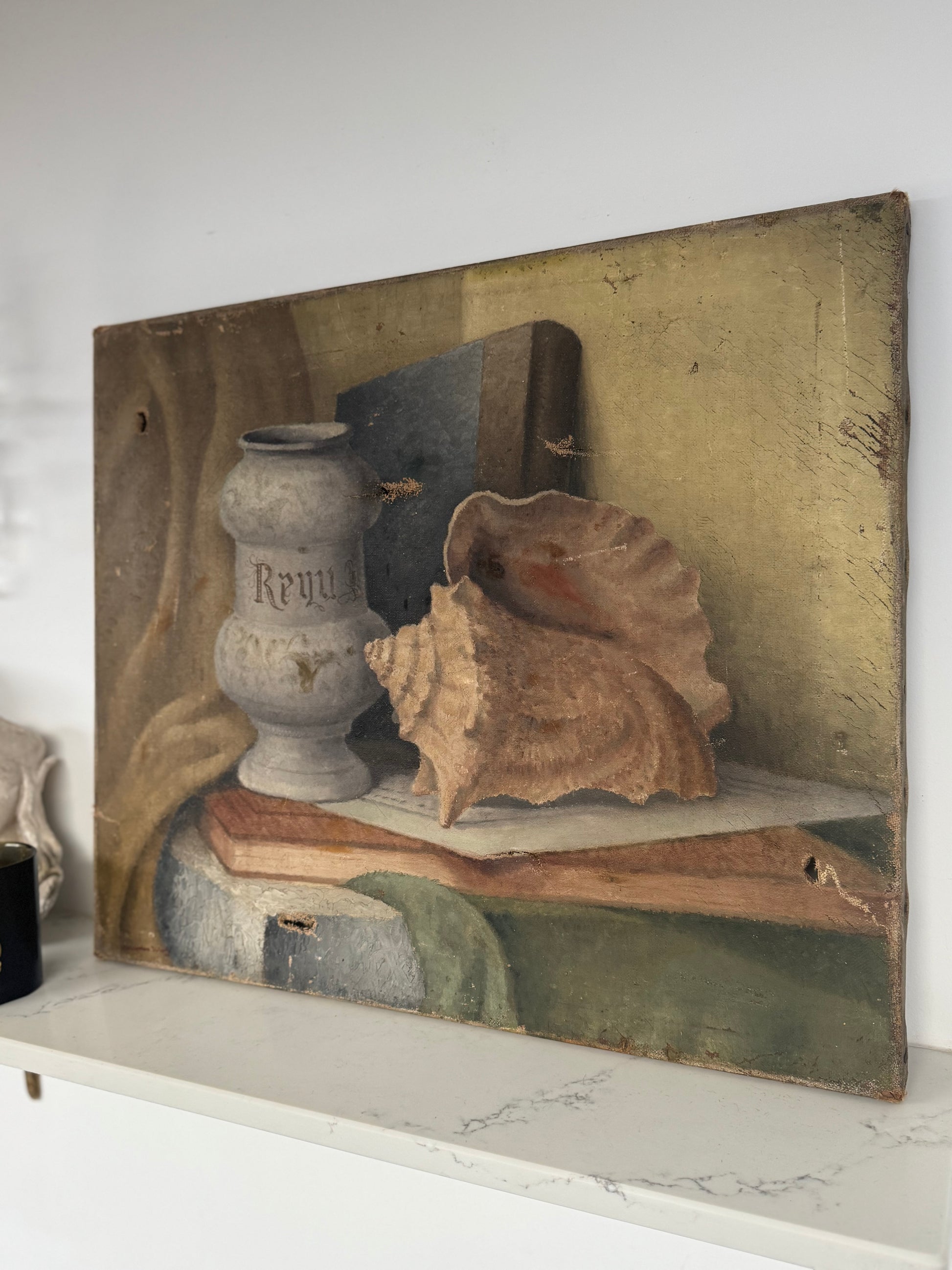 Vintage Still Life Shell & Pot Oil On Canvas