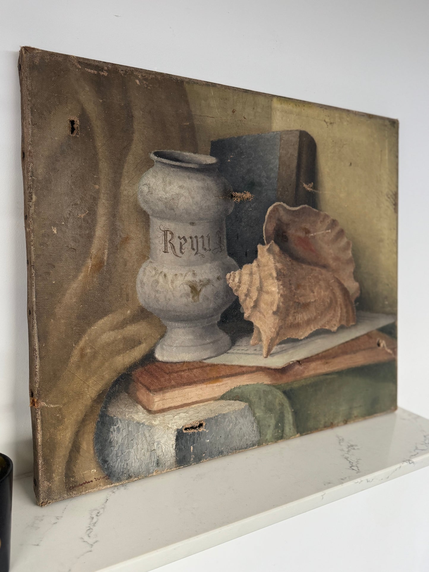 Vintage Still Life Shell & Pot Oil On Canvas