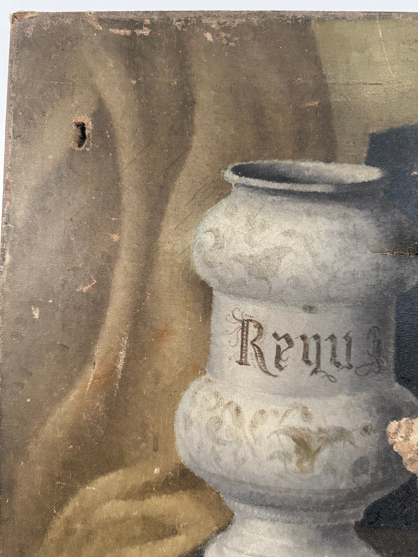 Vintage Still Life Shell & Pot Oil On Canvas