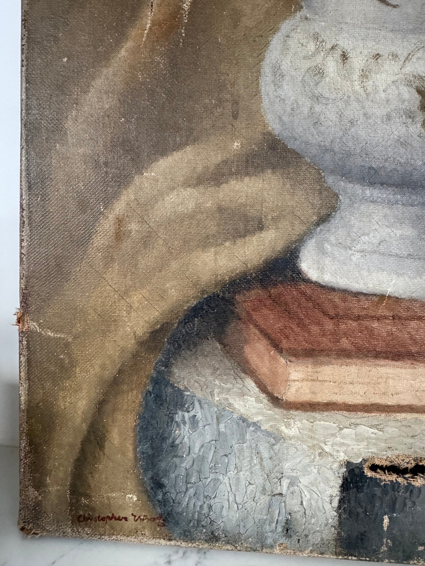 Vintage Still Life Shell & Pot Oil On Canvas