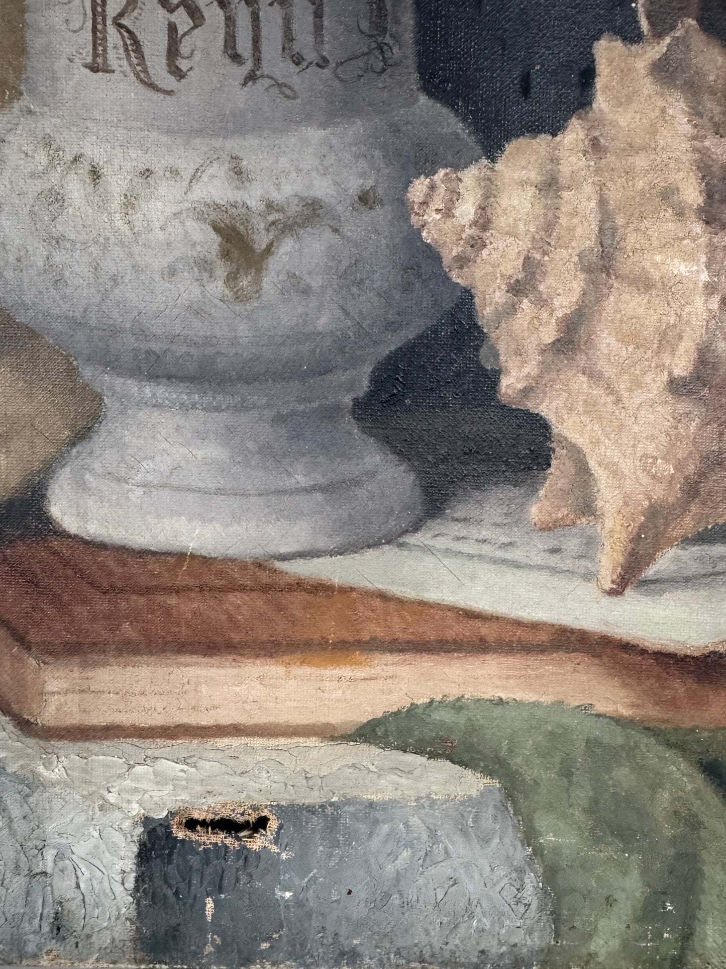 Vintage Still Life Shell & Pot Oil On Canvas