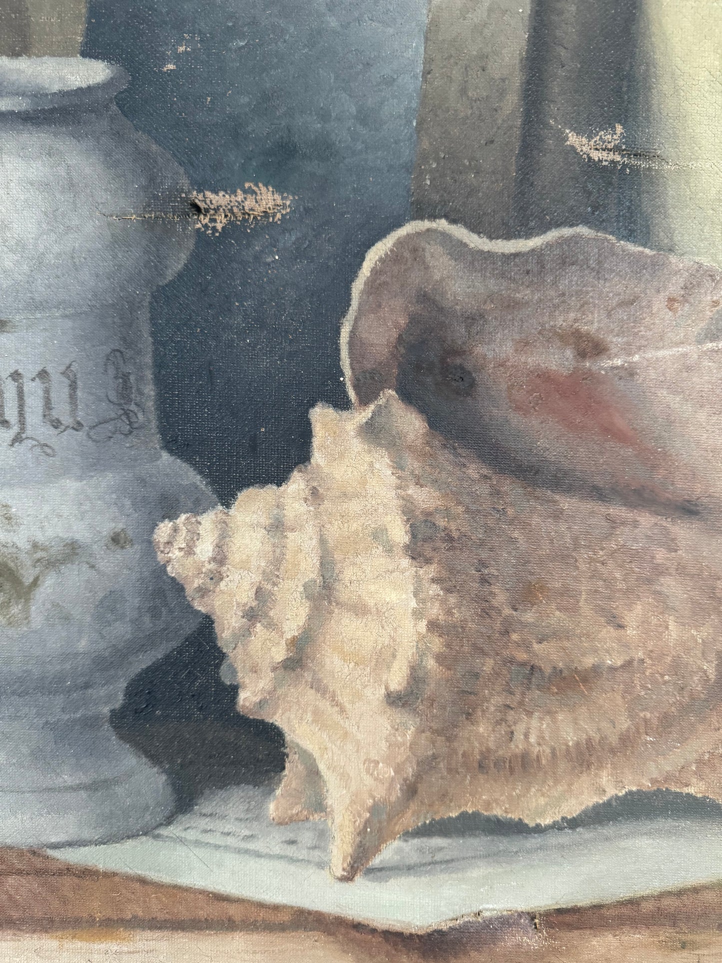 Vintage Still Life Shell & Pot Oil On Canvas