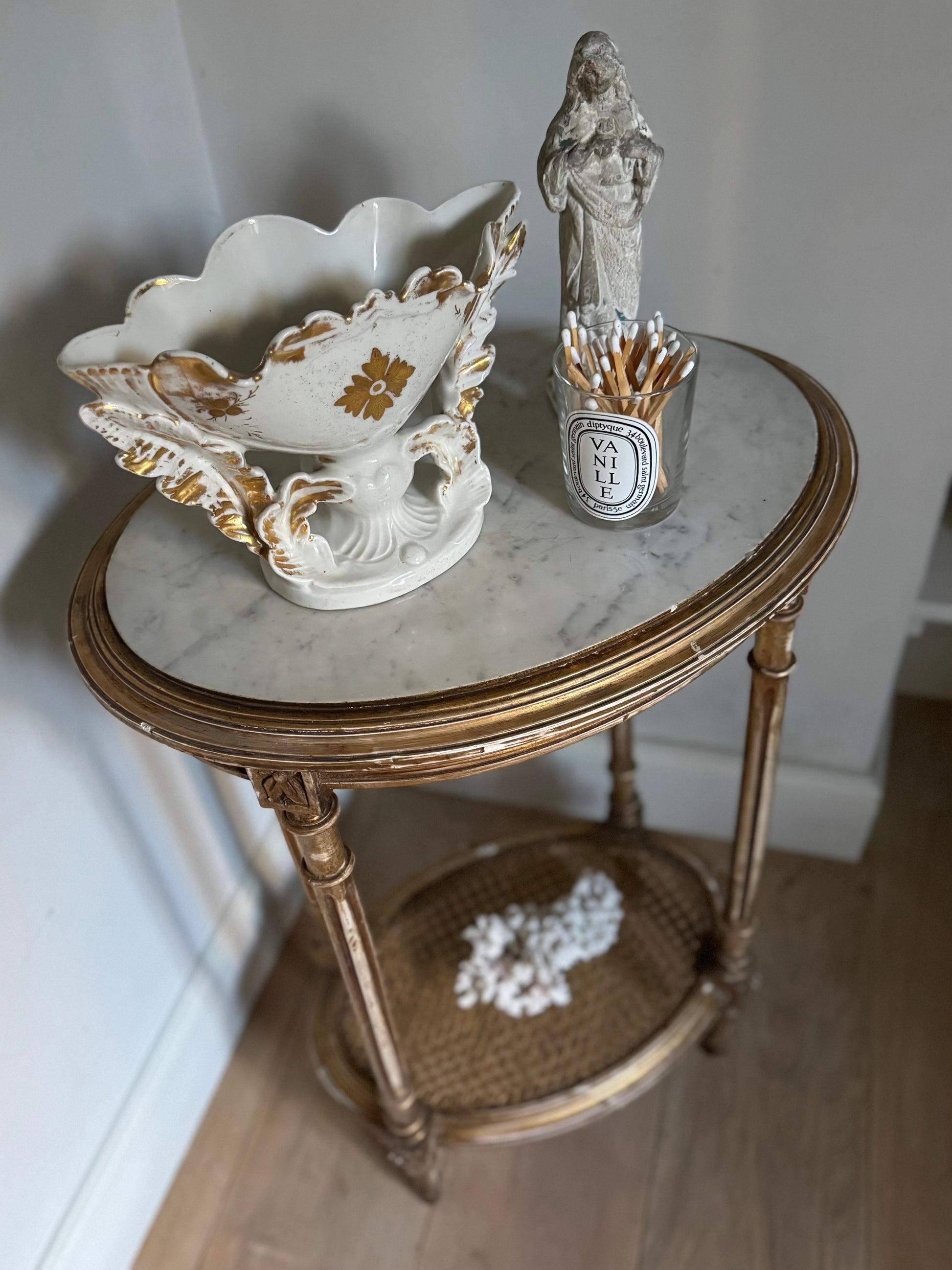 Antique French gilt Louis XVI Oval Side Table Marble Top