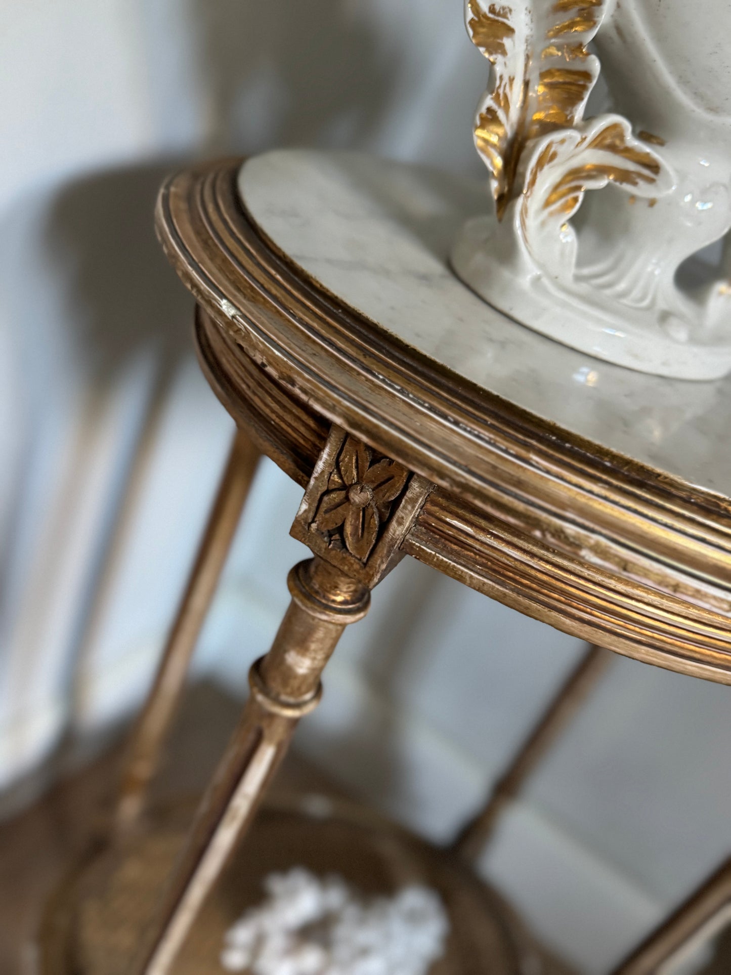 Antique French Gilt Louis XVI Oval Side Table Marble Top