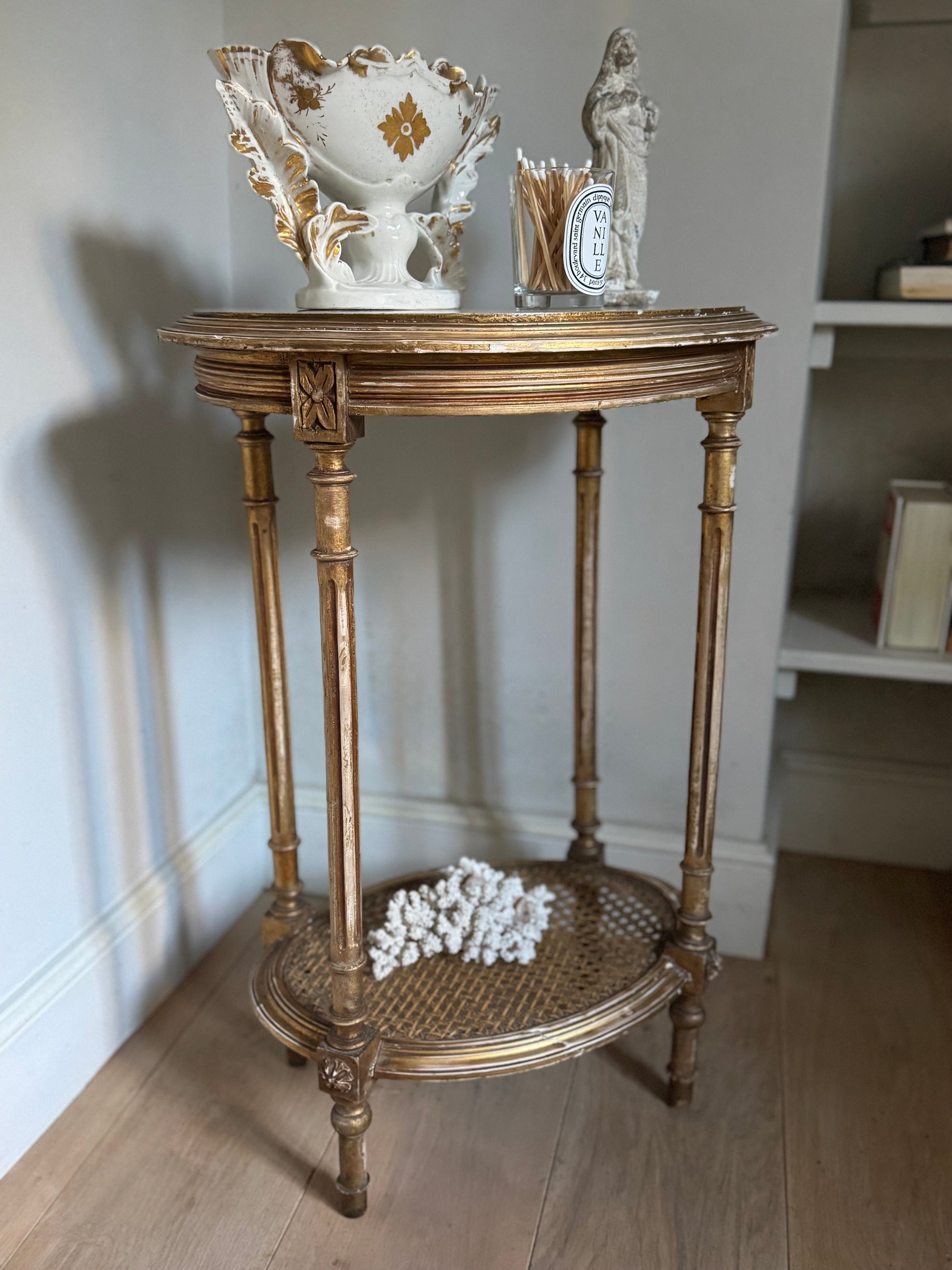 Antique French gilt Louis XVI Oval Side Table Marble Top