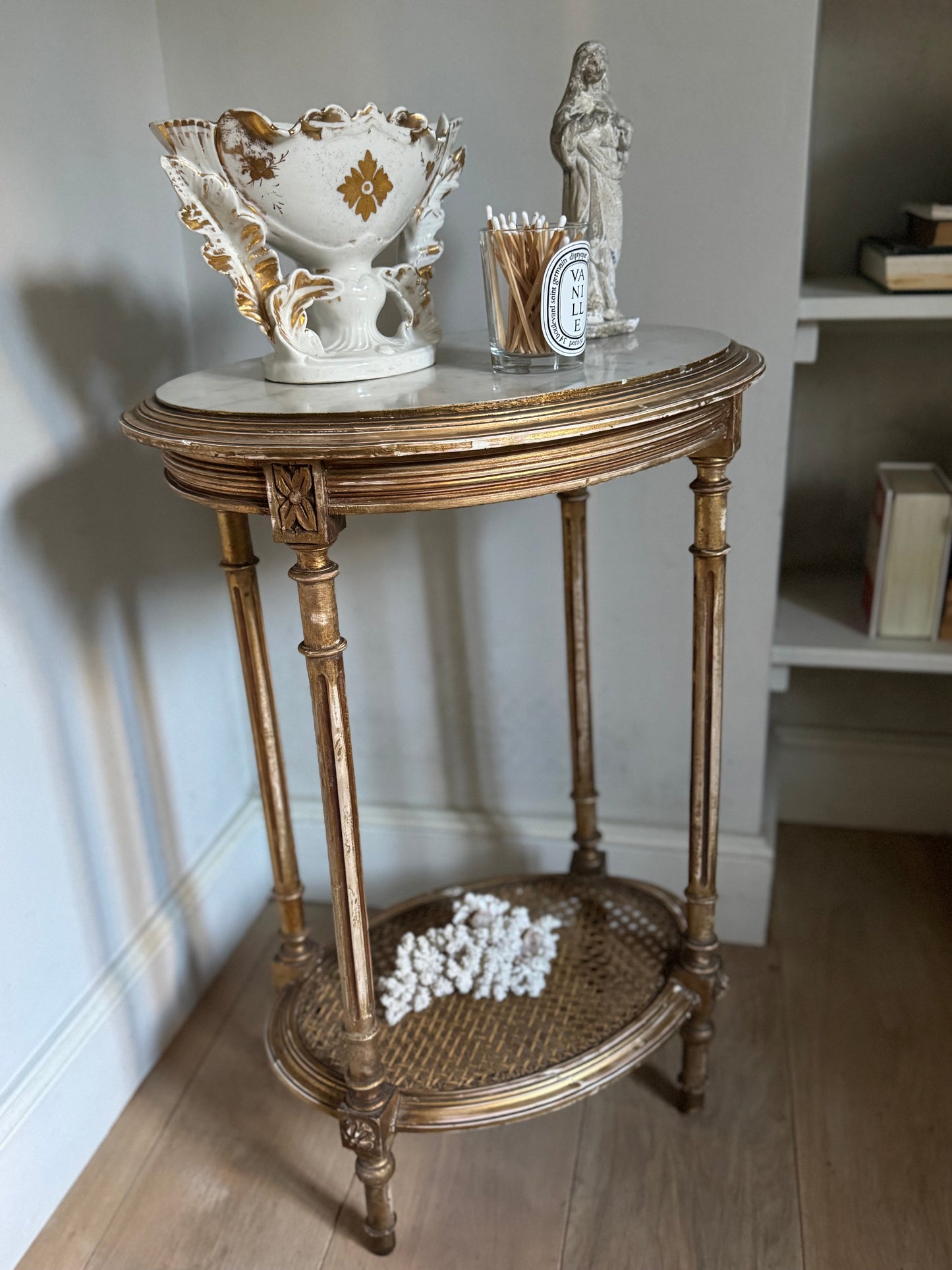 Antique French gilt Louis XVI Oval Side Table Marble Top